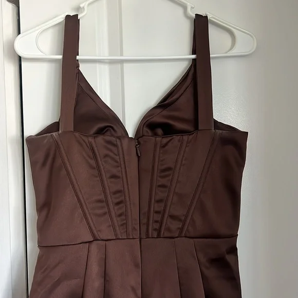 House of CB Faye Satin Pleated Corset Mini Dress in Chocolate Brown Dress Size M - Picture 8 of 14